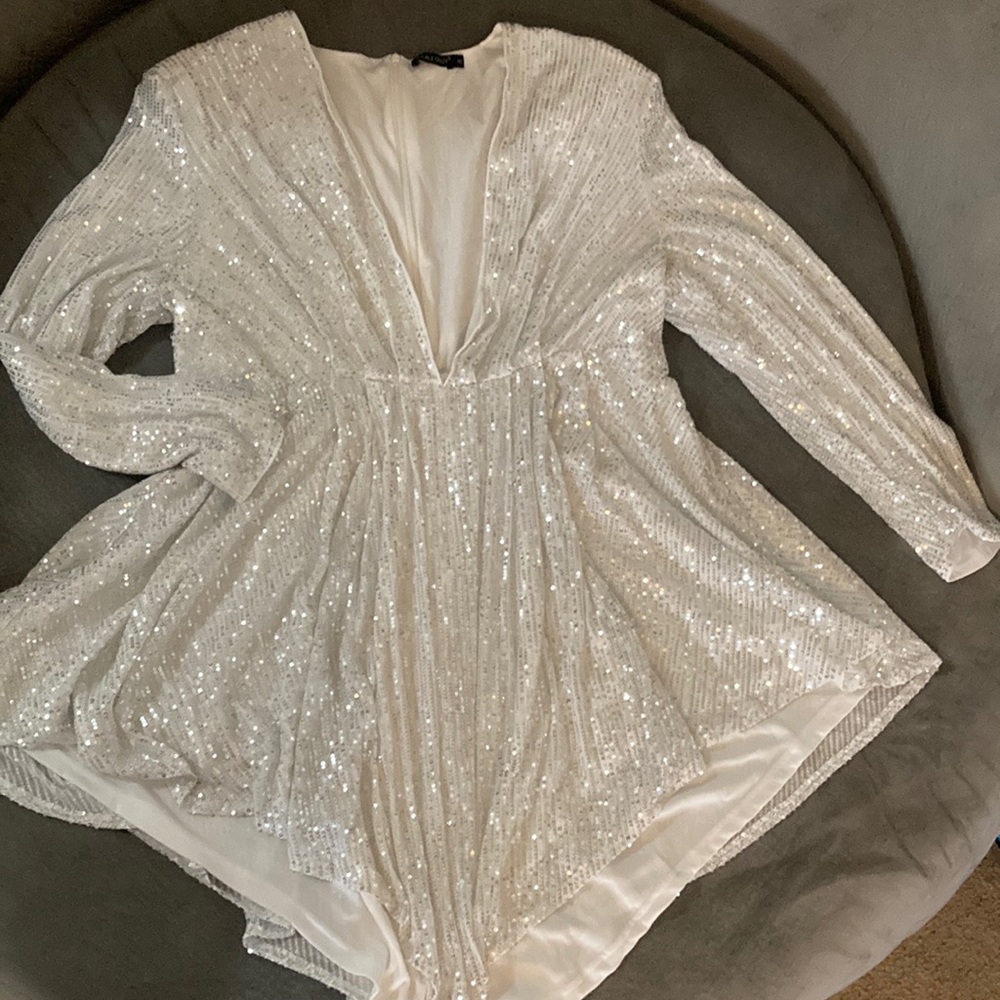 White all over sequin deep v neck high low dress
